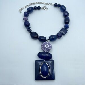 Gorgeous Chico’s Statement Necklace Bold Navy Blue Beads & Purple Floral Accent